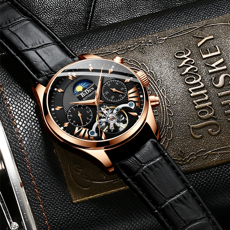 Механические Мужские часы BIDEN Skeleton Tourbillon, автоматические, классические, розовое золото, кожа, механические наручные часы, Reloj Hombre