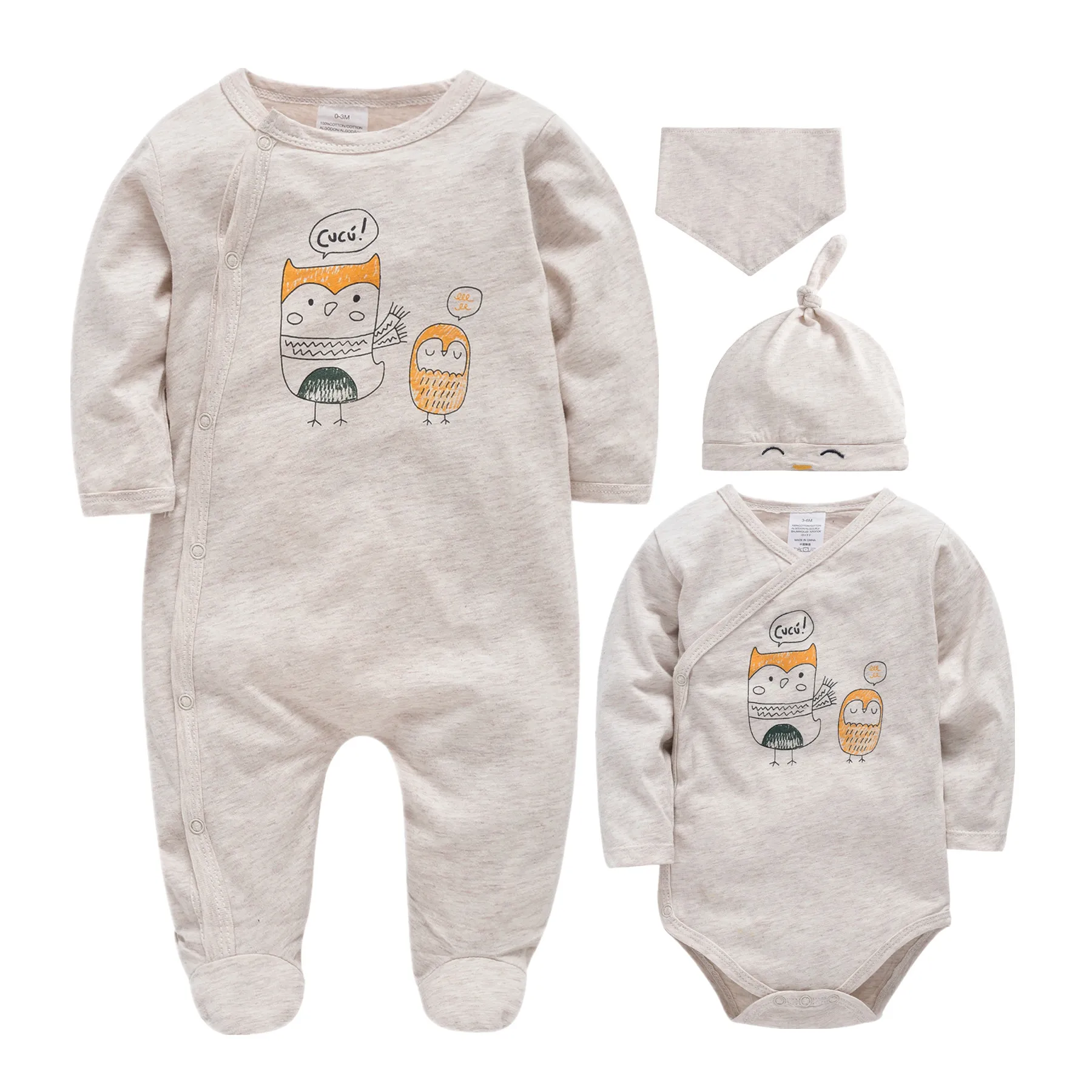 

100% Organic Cotton Long Sleeve Baby Clothes Sets Unisex Newborn Baby Boy Girl Overall Jumpsuit Infant Pajamas Bib Hat Set