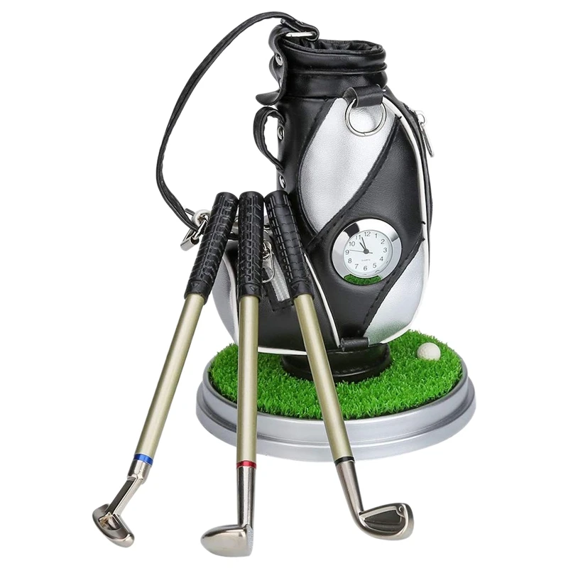 

Mini Desktop Aluminum Alloy Golf Bag Pen Holder with Golf Pens Clock Set of Golf Souvenir Novelty Gift