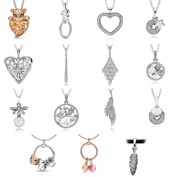 

925 Sterling Silver Pendant Beads Gold Rose Silver Leopard Heart Hedgehog Owl Feather With Pearl For Women 925 Necklace