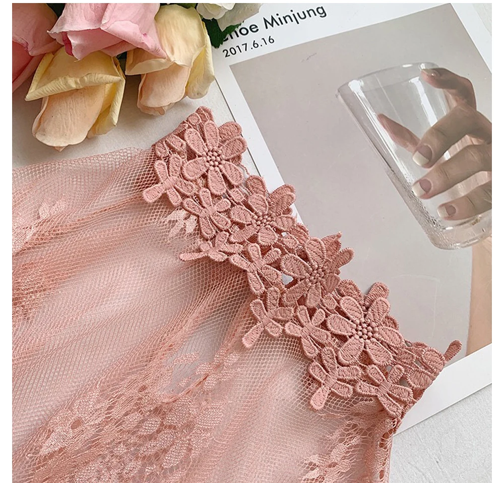 Womens Long Flare Sleeve Sheer Mesh Blouse Hollow Out Embroidered Floral Lace Shirt Swimsuit Cover Up Ruffle Neck Solid Color