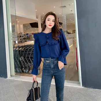 

Han edition long-sleeved shirt female doll qiu dong loose pure color chiffon web celebrity is fairy spring sweet shirts