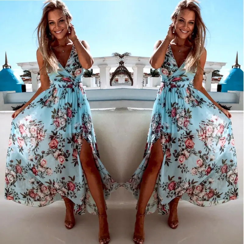 

New Style Women's Dresses Summer Boho Casual Long Evening Party Beach V Neck Print Split Sleeveless Sundress Fashion Hot 2019