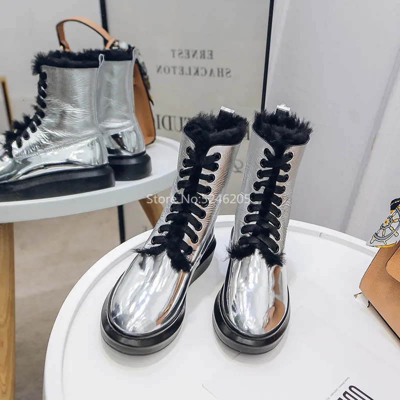 Silver Fashion Women Boots Lace Up Round Toe Fashion waterproof Patent Leather Women Shoes Platform Fur Ankle Boots