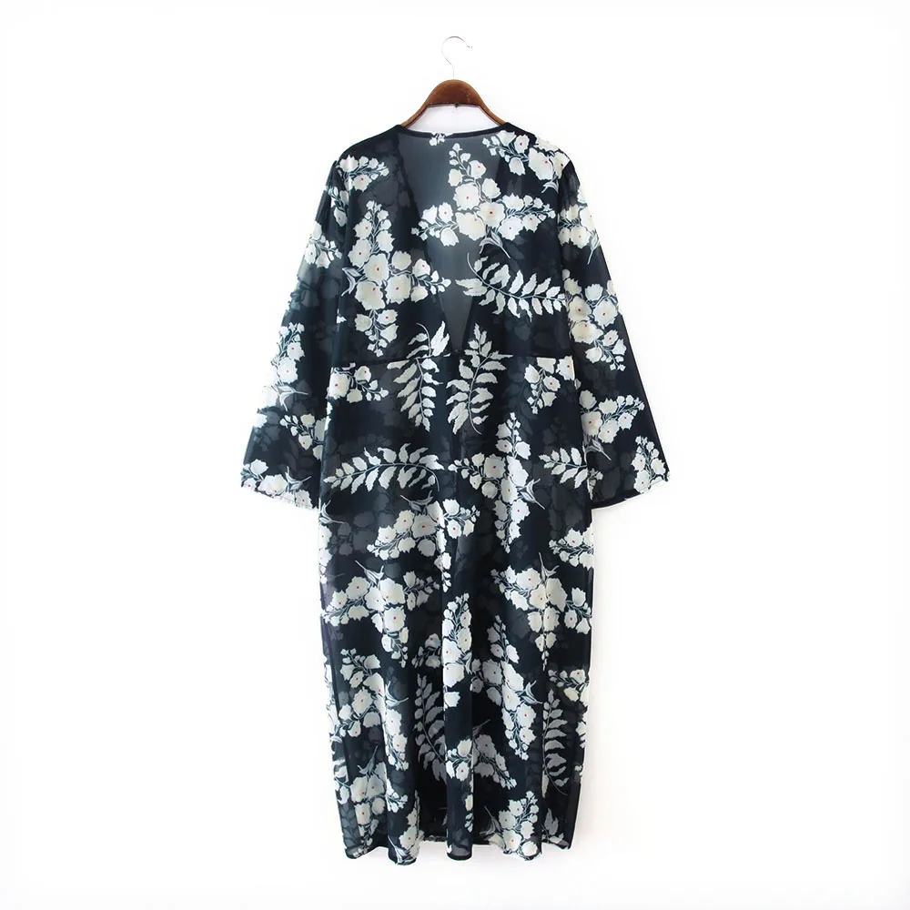 Bikini Cover-ups Boho Printed Long Kimono Cardigan Plus Size White Black Chiffon Tunic Women Beach Wear Swim Suit Cover Up A225