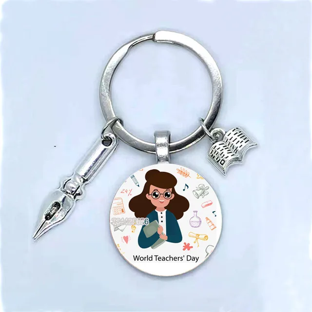 Fashion New Dear Teacher Round Glass Keychain Handmade DIY Book Pen Decoration Pendant Keychain Teacher'S Day Gift Souvenir 1