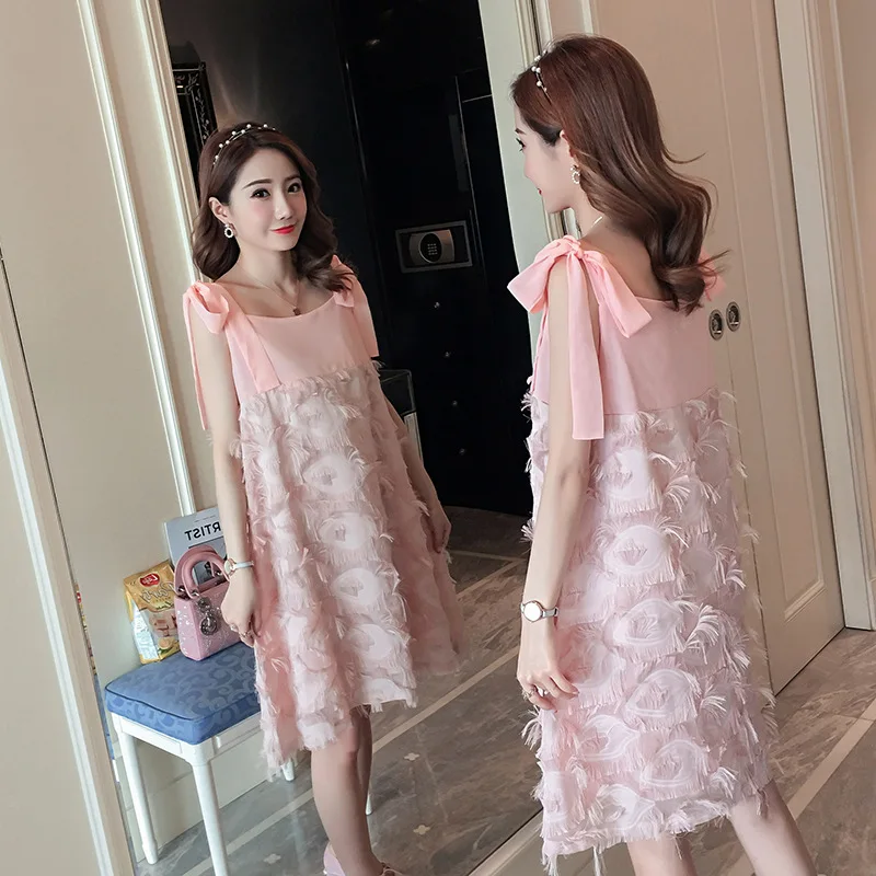 

2018 New Style Base Shirt Mid-length White Short Sleeved Eyelash Joint Chiffon Loose-Fit Pregnant Women Dress