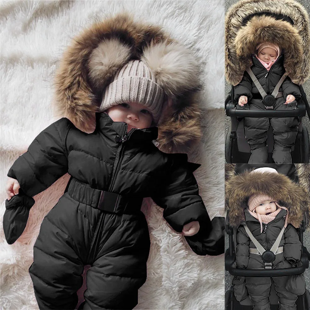 Популярная зимняя одежда для малышей; комбинезон для мальчиков и девочек; теплая куртка; комбинезон для малышей; Верхняя одежда с капюшоном и длинными рукавами; зимний комбинезон; Прямая поставка - Цвет: Black