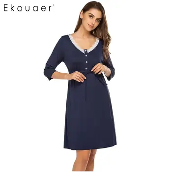 

Ekouaer Women Nightgown Soft Sleewear Dress V Neck Three Quarter Sleeve Lace Patchwork Chemise Nightdress