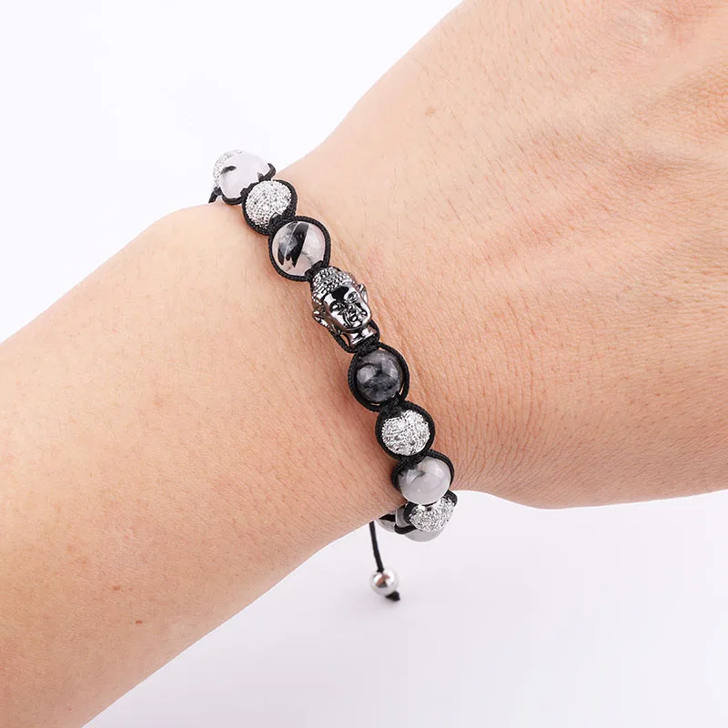 New Design Natural Quartz Stone CZ Pave Charm Buddha Friendship Macrame Adjustable Bracelet Men Women - Image 3