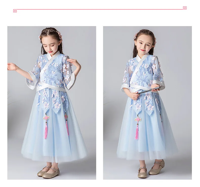 Hanfu/кружевное платье с вышивкой для девочек, 2 предмета осень г. костюм в китайском стиле ретро Улучшенная юбка Hanfu супер сказочное платье для малышей