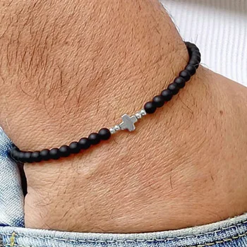 Mens Bracelet Bracelet Perle Homme Black Onyx with Cross Beaded Men Bracelet Men's Beaded Bracelet