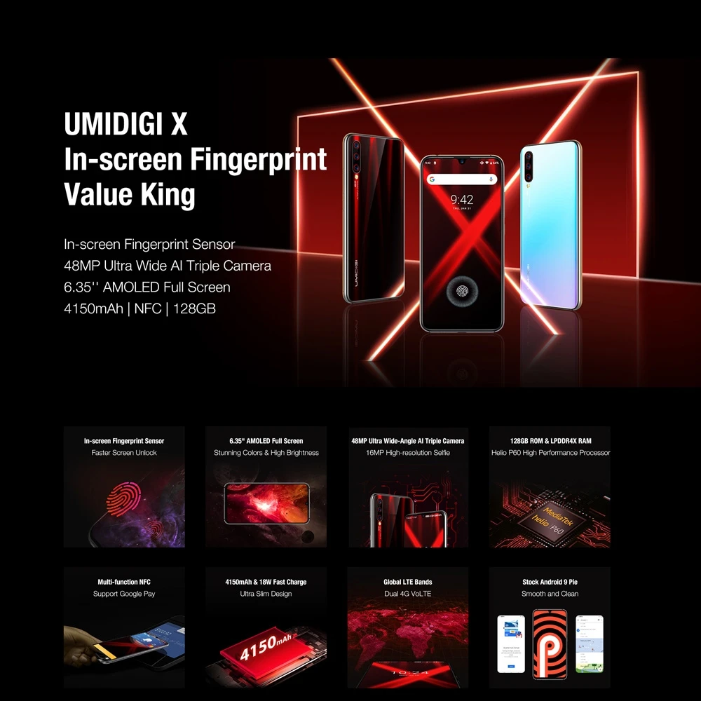 UMIDIGI X глобальная версия в экране отпечатков пальцев 6,3" AMOLED 48MP Тройная задняя камера 128 ГБ NFC Helio P60 4150 мАч мобильный телефон