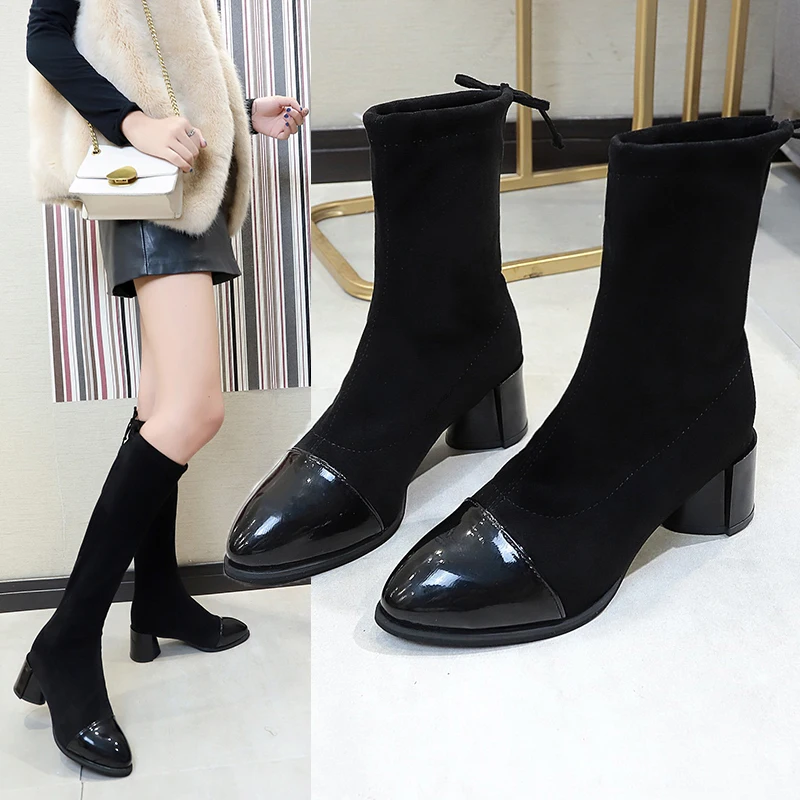 

Low Heels booties Women's Mid Calf Boots Autumn Shoes Lace Up Chelsea Bootee Woman 2019 Booties Ladies Round Toe Luxury