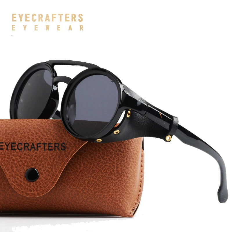 Eyecrafters 2021 Vintage Männer Steampunk Brille Sonnenbrille Frauen Retro Shades Mode Leder mit Seitenschilde Runde Sonne_voghion.com