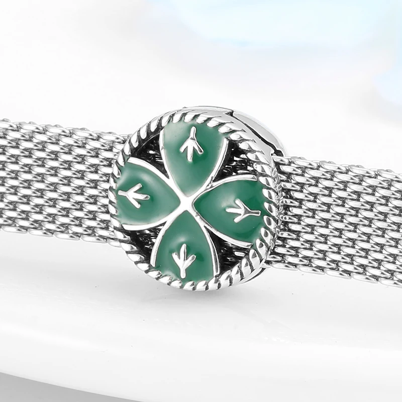 925 Sterling Silver Lucky Clover Green Enamel Charms Clips Beads fit Original silver 925 reflections Bracelets Jewelry making
