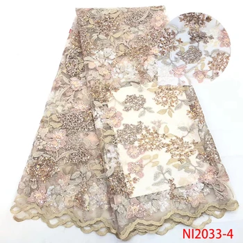 

Nigerian Lace Fabrics Fashion Embroidery Mesh Fabric With Sequin Lace African Dress Fabric French Lace Materials 5Yards NI2033-4