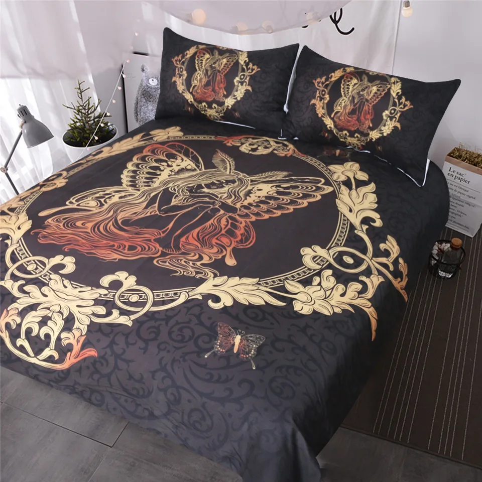 King BlessLiving Fairy Butterfly Girl Bedding 3 Piece Gold Paisley Duvet Cover Set Girly Bedspreads Chic Home Black Bed Cover