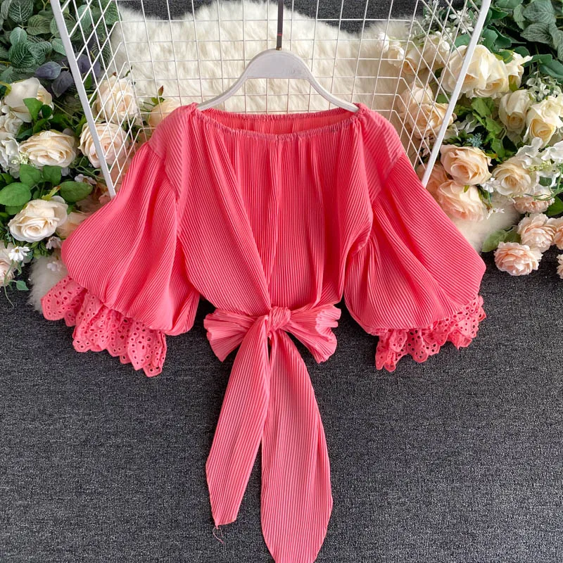 

Top Women's Summer Hollow-out Ruffled Lantern Sleeve Short Strap Waist Slim Pleated Chiffon Shirt Ladies Blouses Blusas