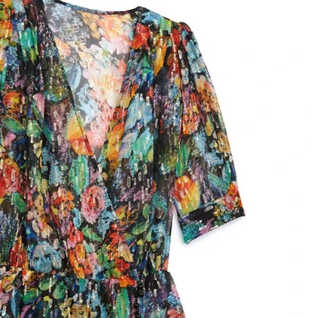 

Women Dress Tokyo Night Cut Flower Slightly Silky Printed V-neck Sleeve Waist Dress