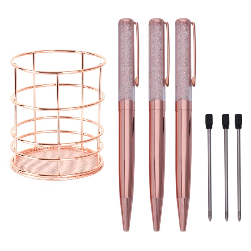 

3 Pcs Rose Gold Pen Bling Crystal Ball Point Pen Black Ink Pen with 3 Extra Refills & 1 Pcs Rose Gold Wire Net Pencil Holder Rou