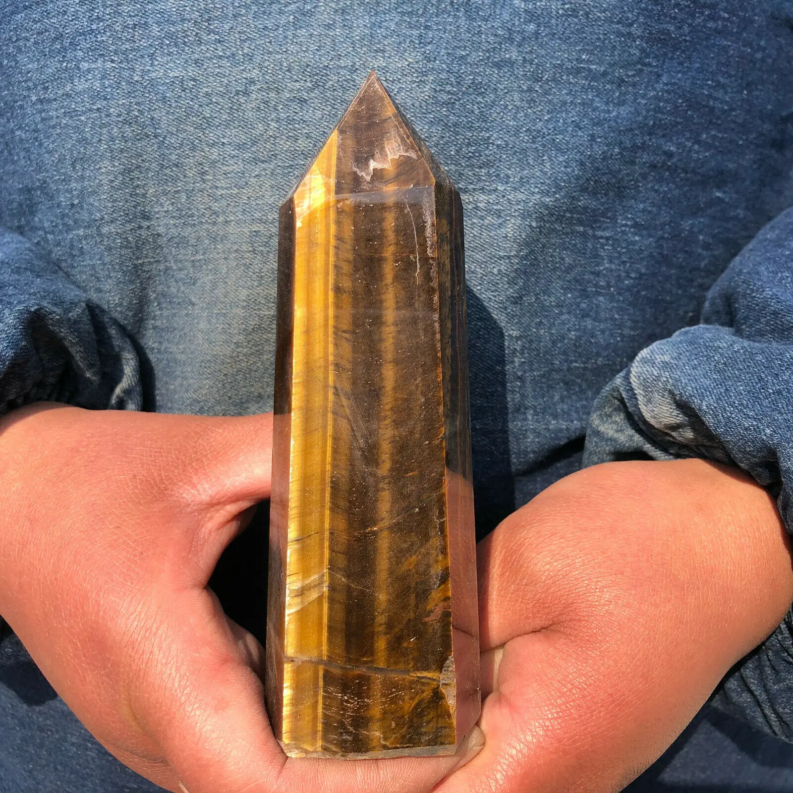 

Natural yellow tiger eye quartz Crystal Obelisk Point Healing wand Care 420-450g