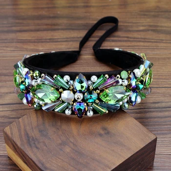 

Shiny Gorgeous Green Crystal Beads Bridal Headbands Luxury Pearl Rhinestone Baroque Hairbands For Wedding Women Hair Accessories