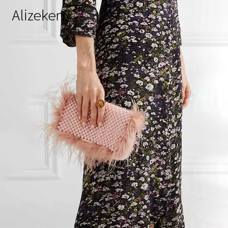 Discount  Faux Fur Pearl Evening Clutch Bag Women Handmade Pink Beaded Cover Dinner Party Purses Handbag Fema