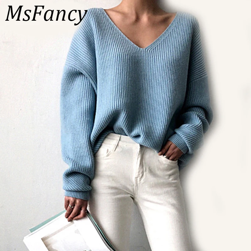 

2020 Spring Women Blue V-neck Pullover Sweater Lazy oaf Loose Solid Color Casual Sweater Oversize White Black Pullovers
