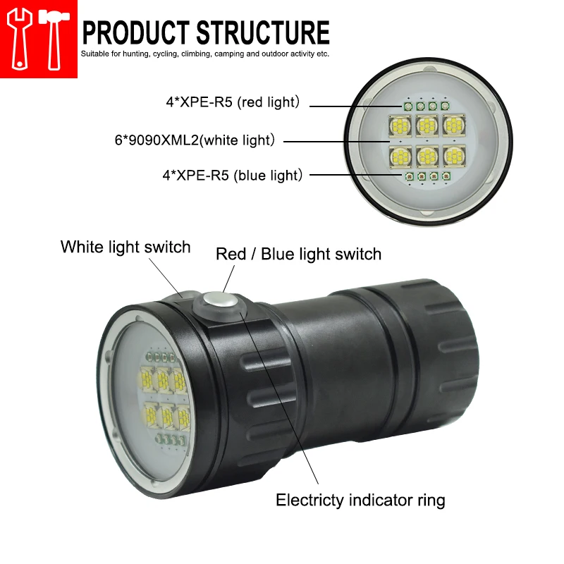  Underwater Scuba Lanterna 28800LM 18650 Diving Flashlight Waterproof 7 Modes Photography Dive Torch