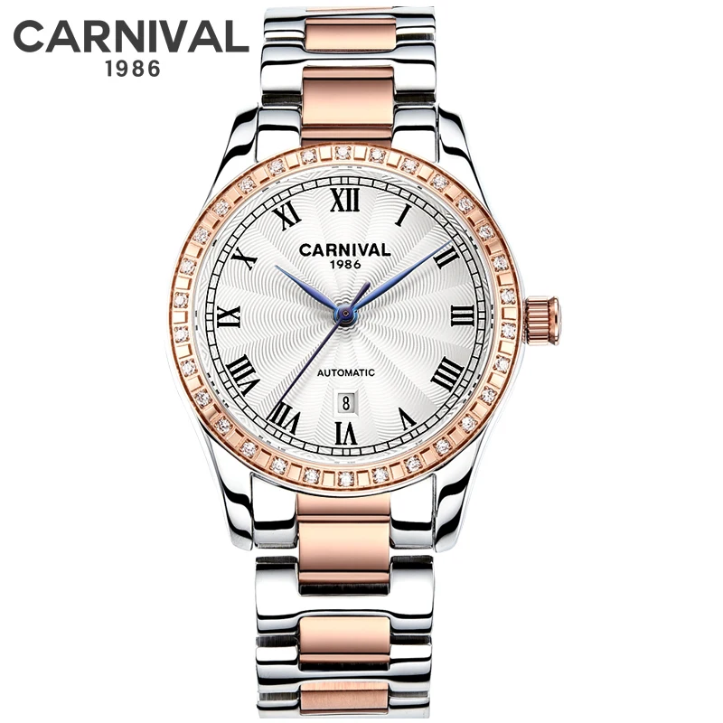 

Часы наручные Carnival женские механические, брендовые Модные Роскошные водонепроницаемые с браслетом из нержавеющей стали и календарем
