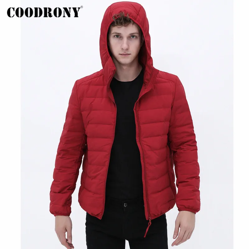 Бренд COODRONY, мужская куртка-пуховик на утином пуху, осенне-зимняя куртка, пальто с капюшоном, с карманами на молнии, классическое модное повседневное теплое пальто 98021 - Цвет: Красный
