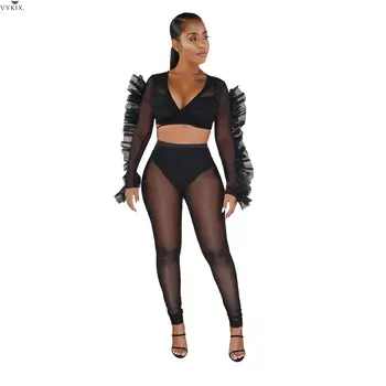 

Sexy Suit Luring Crop Top Women Organza Mesh Transparent Two Piece Set Long Pencil Pants Night Club Tracksuit Lady Charm Costume