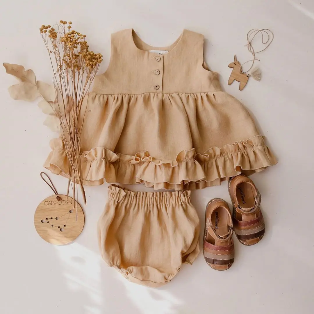 One Set Baby Girls Dress Suits 0-2T Summer Cotton Linen Rayon Solid Color Vest Sleeveless Skirt Princess Style Ruffles Lace