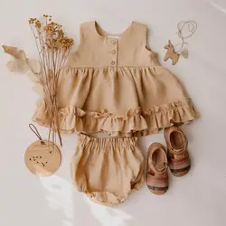 One Set Baby Girls Dress Suits 0-2T Summer Cotton Linen Rayon Solid Color Vest Sleeveless Skirt Princess Style Ruffles Lace