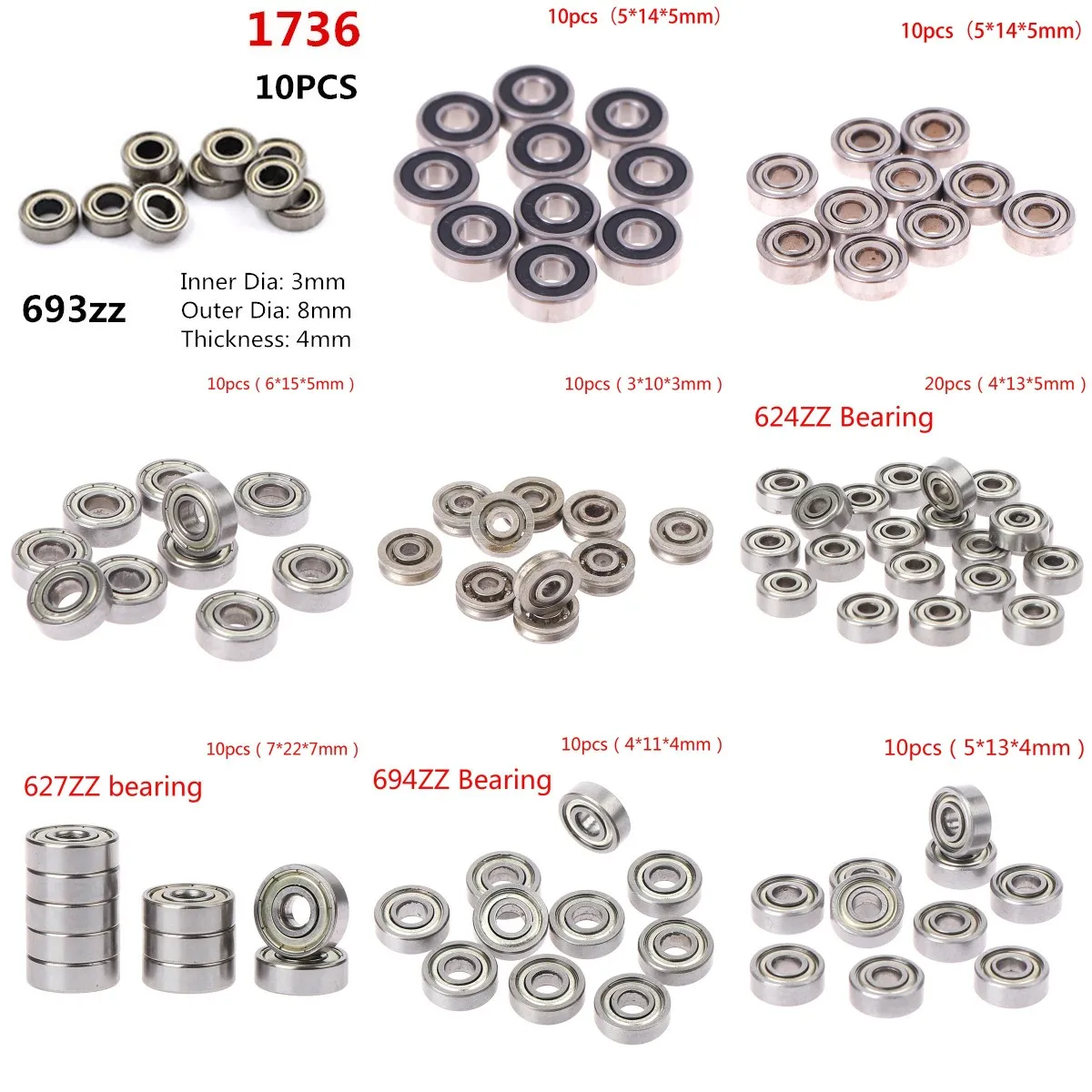 10pc 693ZZ 605RS 605ZZ 698ZZ 624ZZ 694ZZ 695ZZ 696ZZ Miniature Ball Bearings Small Double Shielded