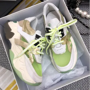 

Manlinaya Brand Genuine Leather Suede Patchwork Sneakers Mixed Colors Green white Lace UP Female Trainers Thick Heel Woman Shoes