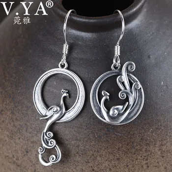 

V.YA 925 Sterling Silver Phoenix Drop Earrings Asymmetry AB Style Dangle Earrings for Women Vintage Ethnic Fine Jewelry