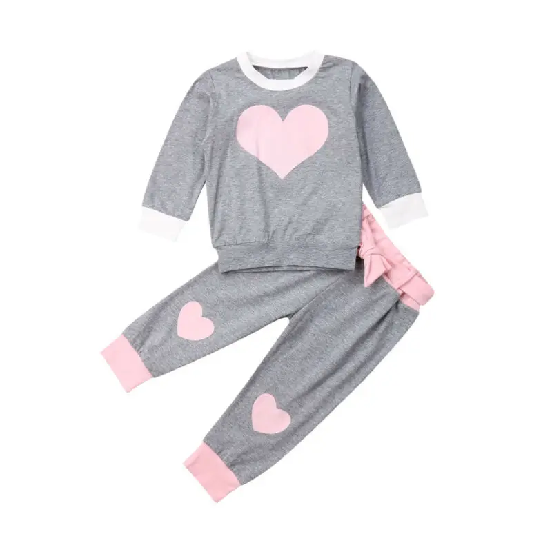 

Cute Kids Baby Girl Autumn Outfits Clothes Heart Print 2Pcs Sweatshirt Pants Child Girl Pullover Tops Bow Belt Pants 1-6Y