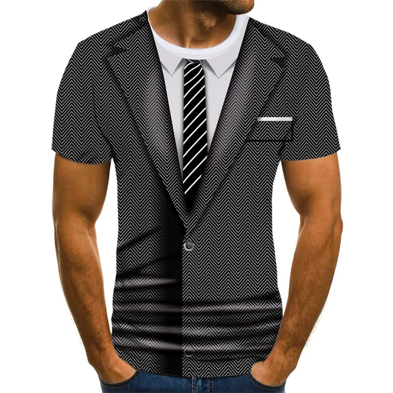 2021 Summer 3D Printed Jacket Suit Fake Pattern T-shirt Fashion Trend Funny Sweatshirt Boy Personalized Casual Shirt