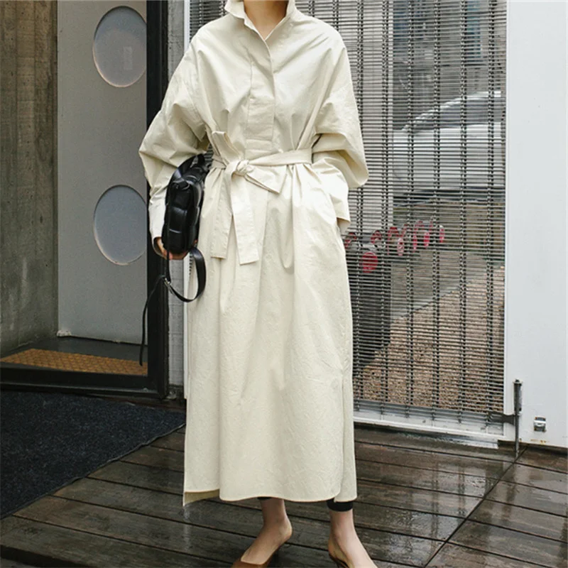

NINI WONDERLAND Autumn Loose Shirt Dress 2021 Women Long Sleeve Lace Up Korean Style Casual Dress Turn-down Collar Big Size Robe