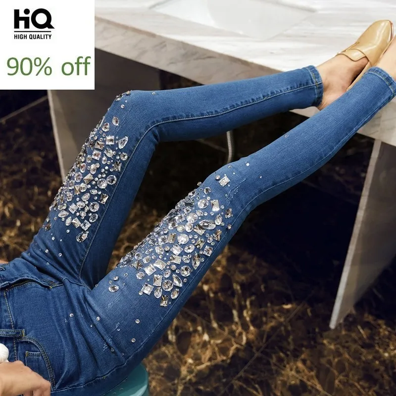 

Fashion Heavy Diamond Jeans Woman Stretch Slim Fit Denim Pencil Pants Big Size 25-33 Street Vintage Beading Party Jeans Mujer