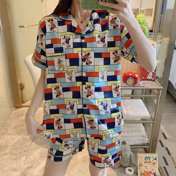 

2020 Cute Cartoon Print Pajamas Set Girls Caiyier Summer Silk Short Sleeve Sleepwear Mickey Casual Women Homewear