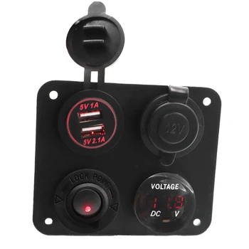 

4 Hole Switch Panel With Dual USB Ports Car Charger Red LED Voltmeter 12-24V Car Boat On-Off Switch Accessories