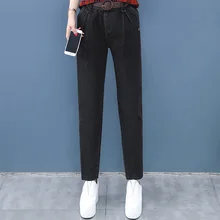 Женские джинсы, новинка, Осень-зима, модные, эластичные, с высокой талией, с поясом, с карманами, тонкие, уплотненные, прямые, черные, длинные штаны