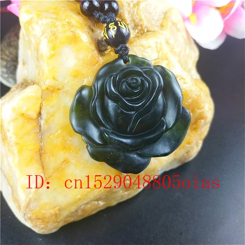 Certified Chinese Natural Black Green Jade Rose Pendant Necklace Obsidian Charm Jewellery Accessories Carved Amulet Gifts