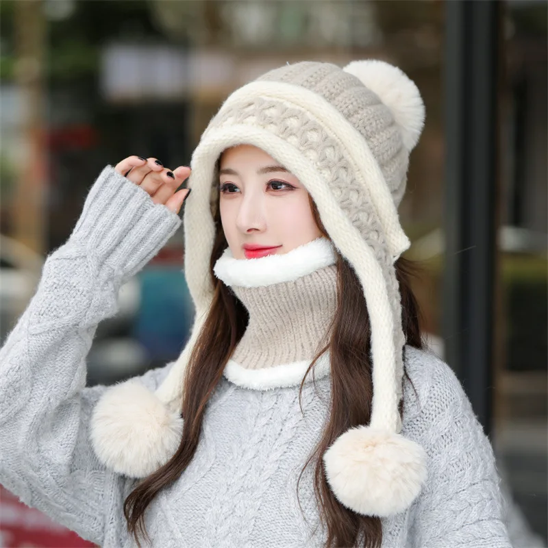 2021 Woolen Hat Women Winter Ear Protection Knitted Hat Bib Two-piece Plus Velvet Warm and Windproof Cycling Hat