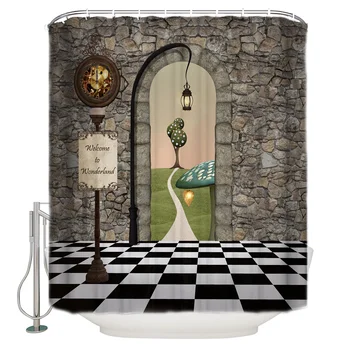 

Doors Black And White Lattice Lights Tree Pattern Wonderland Alice Architectural Polyester Fabric Shower Curtain