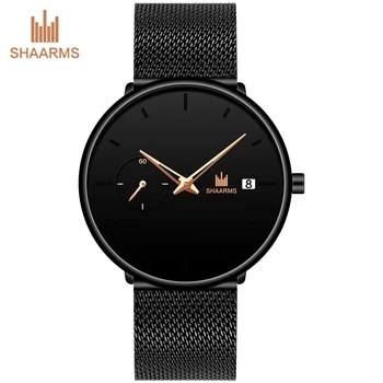 

SHAARMS Relojes Masculino Fashion Mens Black High Quality Mesh Strap Quartz Watches Casual Simple Men Wrist Watch Dropshipping