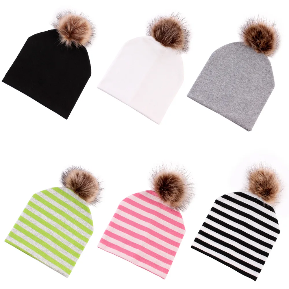Милый пуловер для малышей; шапки; сезон осень; хлопковые шапки с помпонами для маленьких девочек и мальчиков; зимние теплые аксессуары для головы; детские весенние серые головные уборы